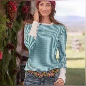 SUNDANCE turquoise and white striped thermal, long sleeve T women’s small